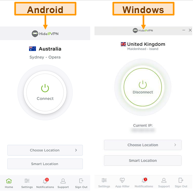 Capture d'écran des applications de bureau et mobiles de HideIPVPN.