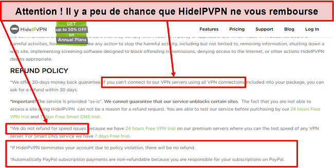 Capture d'écran de la politique de remboursement de HidelVPN