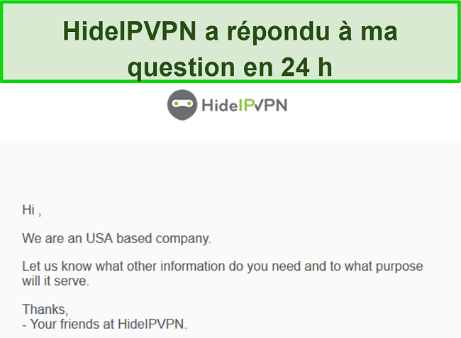 Capture d'écran de l'assistance par e-mail de HideIPVPN.