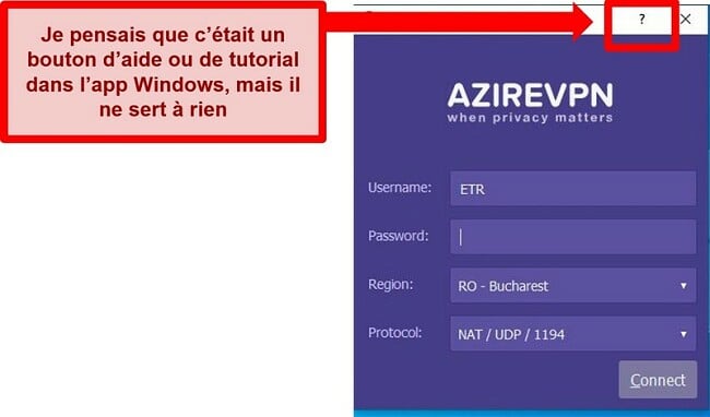  Capture d'écran de l'écran d'accueil de l'interface utilisateur d'AzireVPN