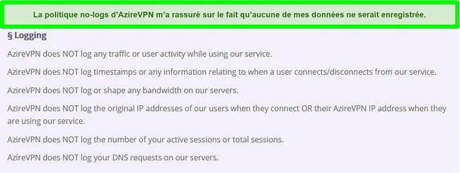 Capture d'écran de la politique de zéro journal d'AzireVPN