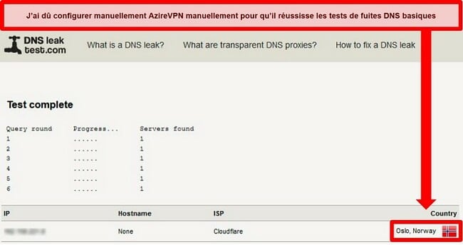 Capture d'écran d'un test de fuite DNS réussi