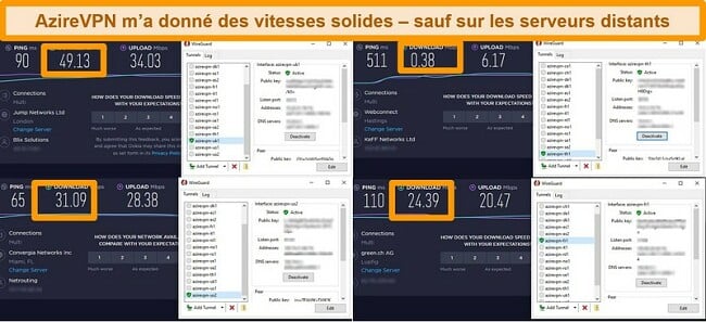  Capture d'écran de 4 tests de vitesse en étant connecté à des serveurs AzireVPN