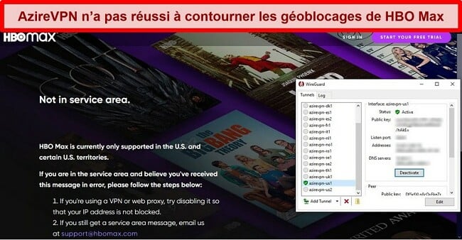 Capture d'écran de l'erreur de proxy de HBO Max lorsqu'il est connecté à AzireVPN via WireGuard