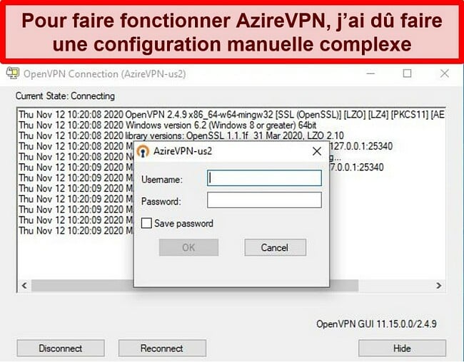 Capture d'écran de l'invite de connexion d'AzireVPN lors de l'utilisation du client OpenVPN