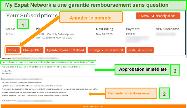 Capture d'écran du processus de remboursement de My Expat Network