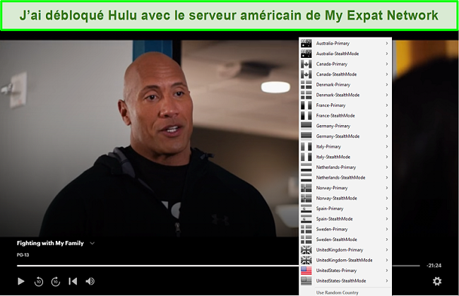 Capture d'écran de My Expat Network débloquant Hulu