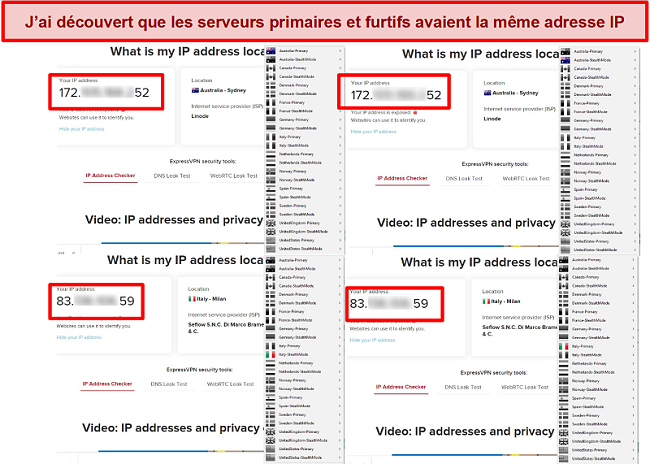 Capture d'écran des serveurs principaux et furtifs de My Expat Network donnant la même adresse IP