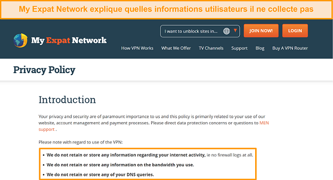 Capture d'écran de la politique de confidentialité de My Expat Network