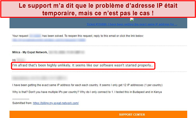 Capture d'écran de la réponse par e-mail de My Expat Network expliquant un problème d'adresse IP