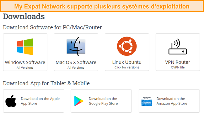 Capture d'écran du choix de plates-formes prises en charge par My Expat Network