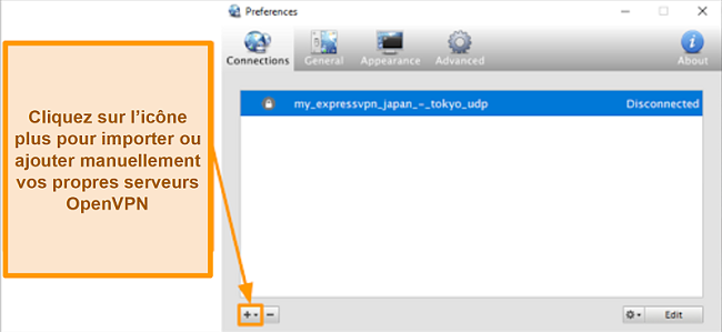 Capture d'écran de l'application Viscosity montrant comment ajouter des serveurs OpenVPN