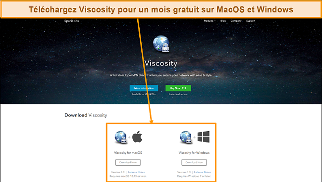 Capture d'écran de la page de téléchargement de Viscosity sur le site Web de Viscosity