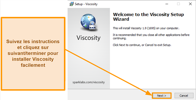 Capture d'écran de l'assistant de configuration de la viscosité pour installer l'application