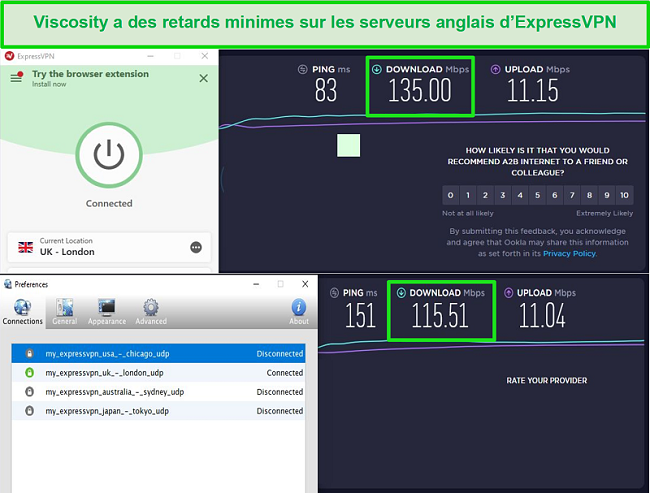 Capture d'écran des résultats des tests de vitesse tout en étant connecté aux serveurs britanniques d'Express VPN via Viscosity et ExpressVPN