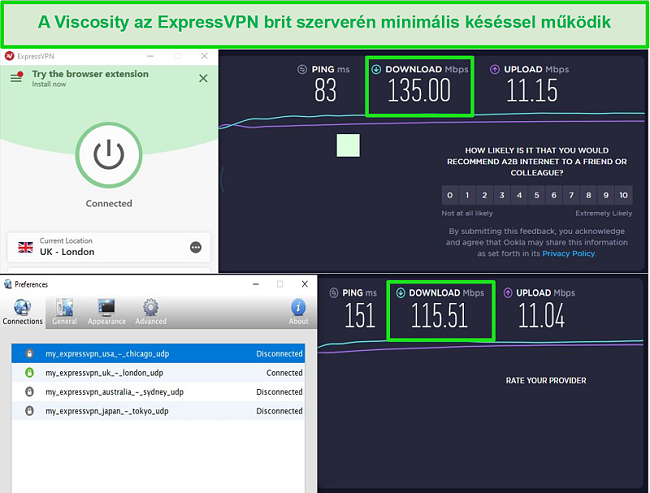 Pillanatkép a sebességtesztekről, miközben az Express VPN UK szervereihez csatlakozik mind a Viszkozitás, mind az ExpressVPN segítségével