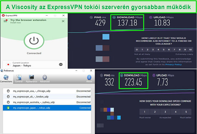 Pillanatkép a sebességtesztekről, miközben az Express VPN japán szervereihez csatlakozik mind a Viszkozitás, mind az ExpressVPN segítségével