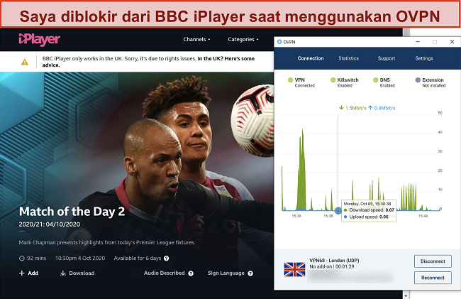 Tangkapan layar OVPN diblokir oleh BBC iPlayer