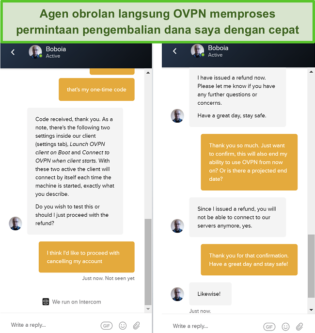 Tangkapan layar dari permintaan pengembalian dana yang berhasil melalui obrolan langsung OVPN