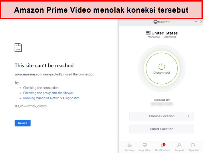 Tangkapan layar dari Amazon Prime Video yang menolak koneksi HideIPVPN.