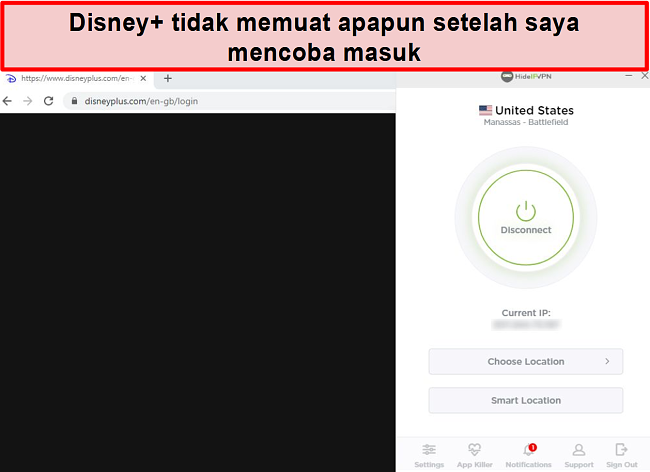Tangkapan layar HideIPVPN gagal mengakses Disney +.