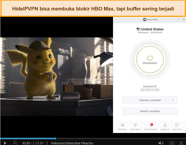 Tangkapan layar HideIPVPN membuka blokir HBO Max, streaming Pokemon Detective Pikachu.