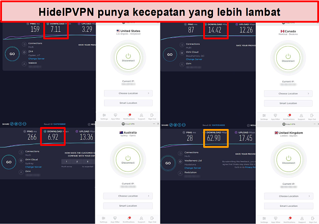 Tangkapan layar uji kecepatan HideIPVPN di 4 lokasi server.