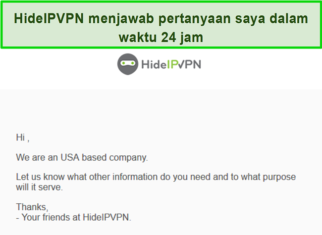 Tangkapan layar dari dukungan email HideIPVPN.