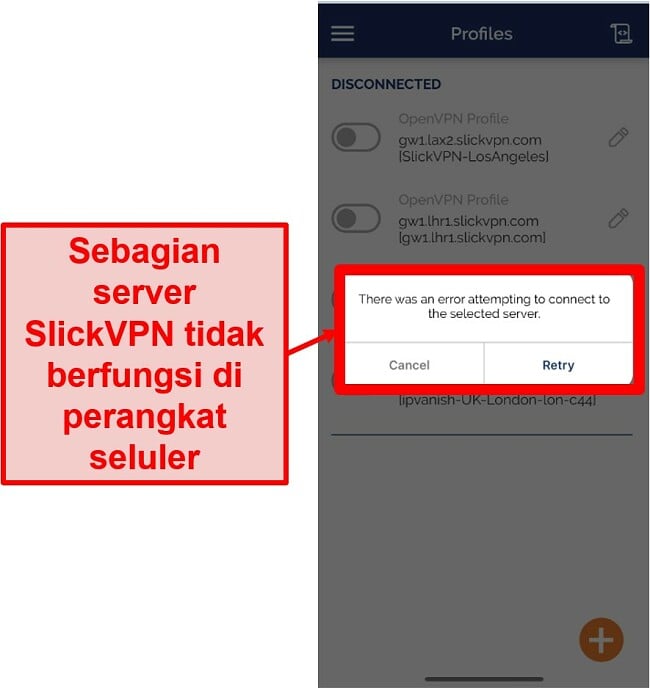 Tangkapan layar SlickVPN tidak dapat terhubung ke semua server di aplikasi selulernya