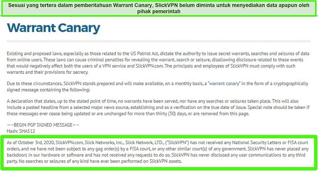 Tangkapan layar dari pemberitahuan Warrant Canary SlickVPN