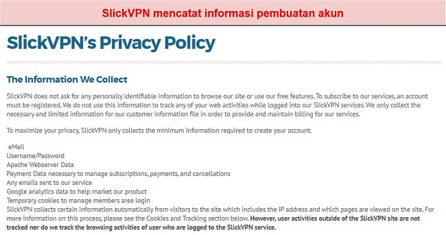 Tangkapan layar dari kebijakan privasi SlickVPN