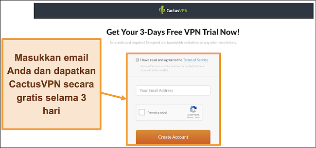 Tangkapan layar menunjukkan cara mendaftar uji coba gratis CactusVPN