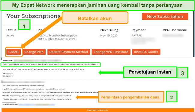 Tangkapan layar dari proses pengembalian dana My Expat Network