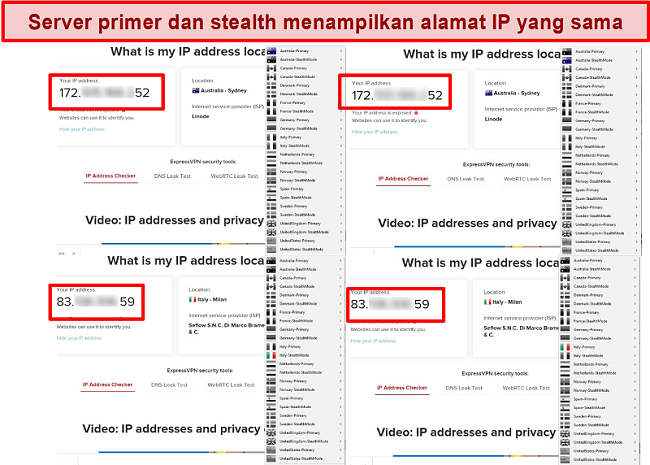 Tangkapan layar dari server utama dan siluman My Expat Network yang memberikan alamat IP yang sama