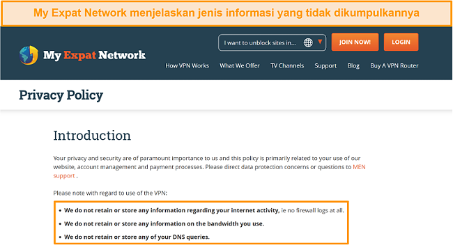 Tangkapan layar kebijakan privasi My Expat Network