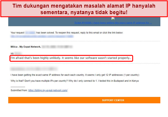 Tangkapan layar tanggapan email My Expat Network memberikan penjelasan untuk masalah alamat IP