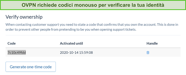 Screenshot del codice monouso di OVPN per verificare l'identità durante il processo di cancellazione dell'abbonamento