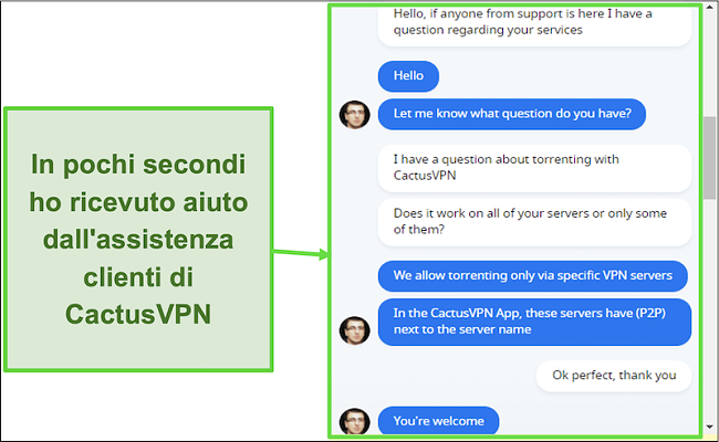 Screenshot che mostra l'assistenza clienti rapida e utile