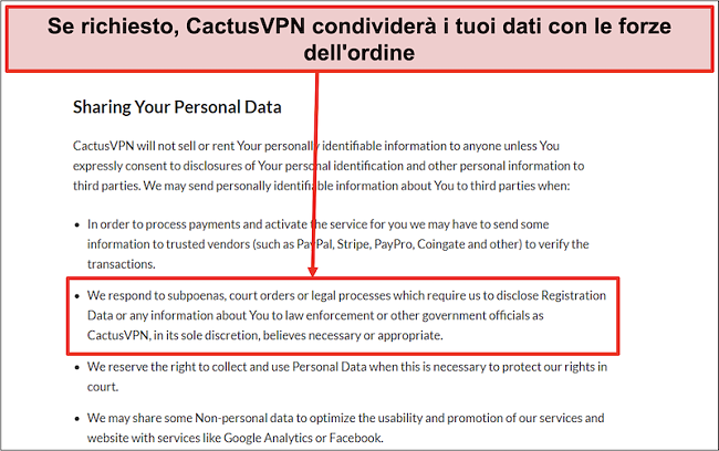 Screenshot della politica sulla privacy di CactusVPN che mostra che consegneranno i tuoi dati