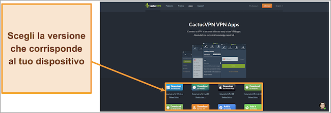 Screenshot che mostra dove scaricare la versione di CactusVPN che desideri dal suo sito web