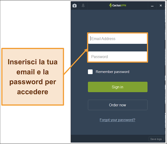 Screenshot che mostra la schermata di accesso sul client CactusVPN