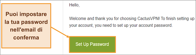Screenshot che mostra l'e-mail di conferma da CactusVPN per creare una password per il tuo account