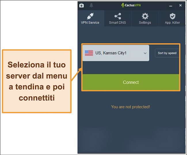 Screenshot dell'interfaccia di CactusVPN che mostra il menu a discesa per la selezione del server