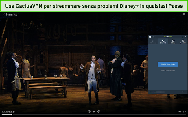 Screenshot di Hamilton in streaming con successo su Disney + con CactusVPN connesso