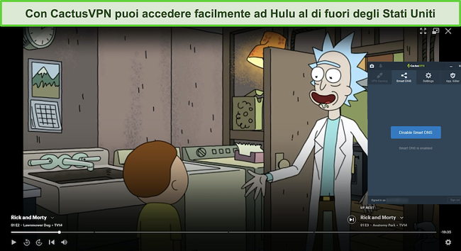 Screenshot di Rick e Morty in streaming su Hulu con CactusVPN connesso