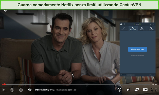 Screenshot di Modern Family in streaming su Netflix con CactusVPN connesso