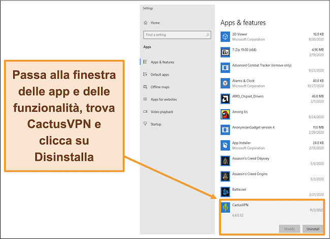 Screenshot che mostra come avviare il processo di disinstallazione di CactusVPN dal menu App e funzionalità