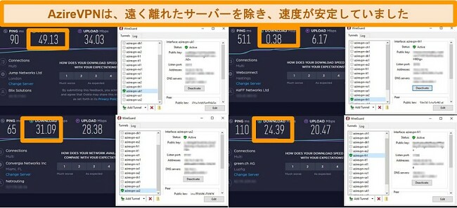 AzireVPNサーバーに接続している間の4つの速度テストのスクリーンショット