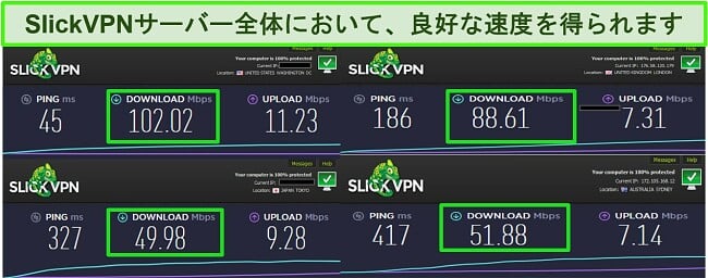 SlickVPNサーバーに接続している間の4つの異なる速度テストのスクリーンショット