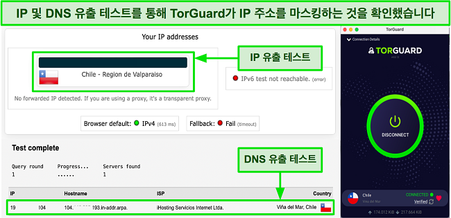 TorGuard를 사용한 성공적인 IP/DNS 유출 테스트의 스크린샷